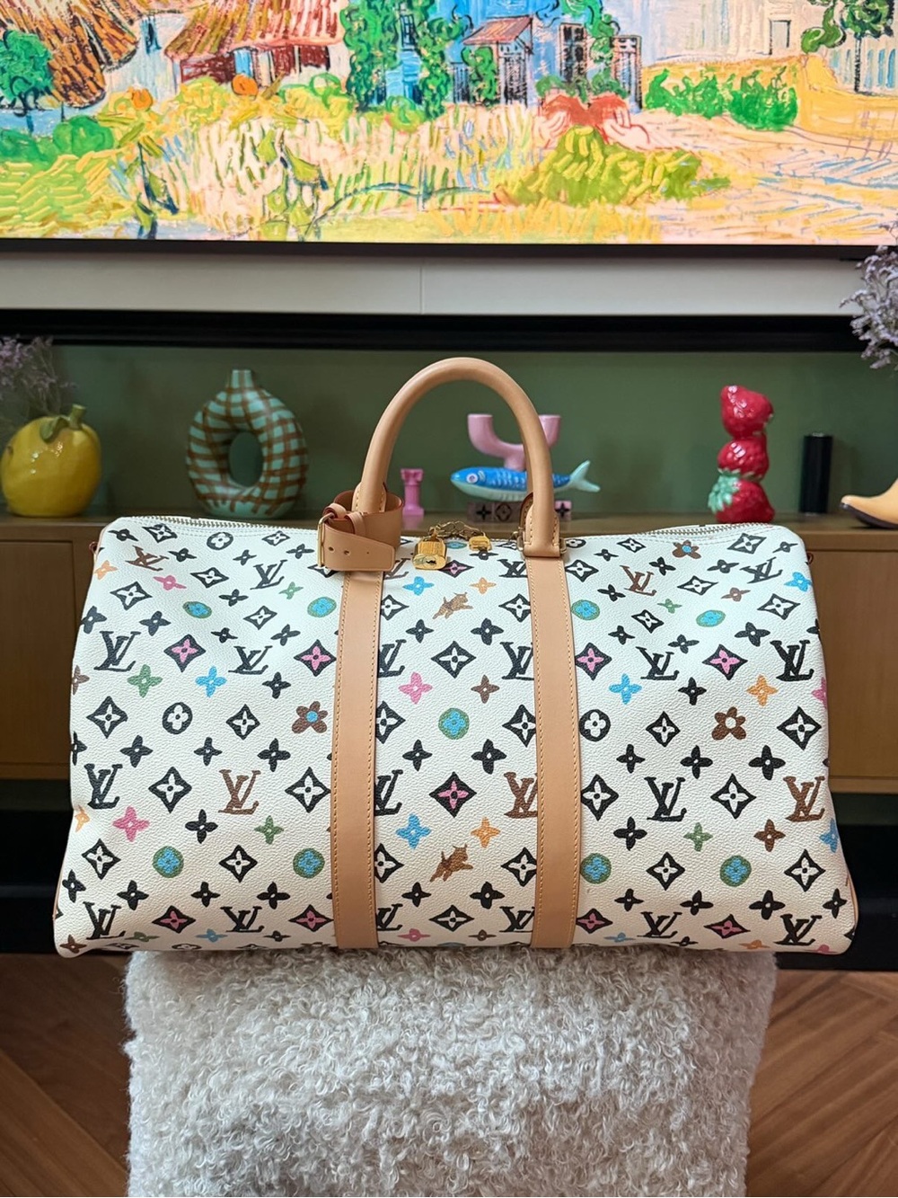 Louis Vuitton Multicolor Keepall 45 Travel Bag - White with Tan Trim